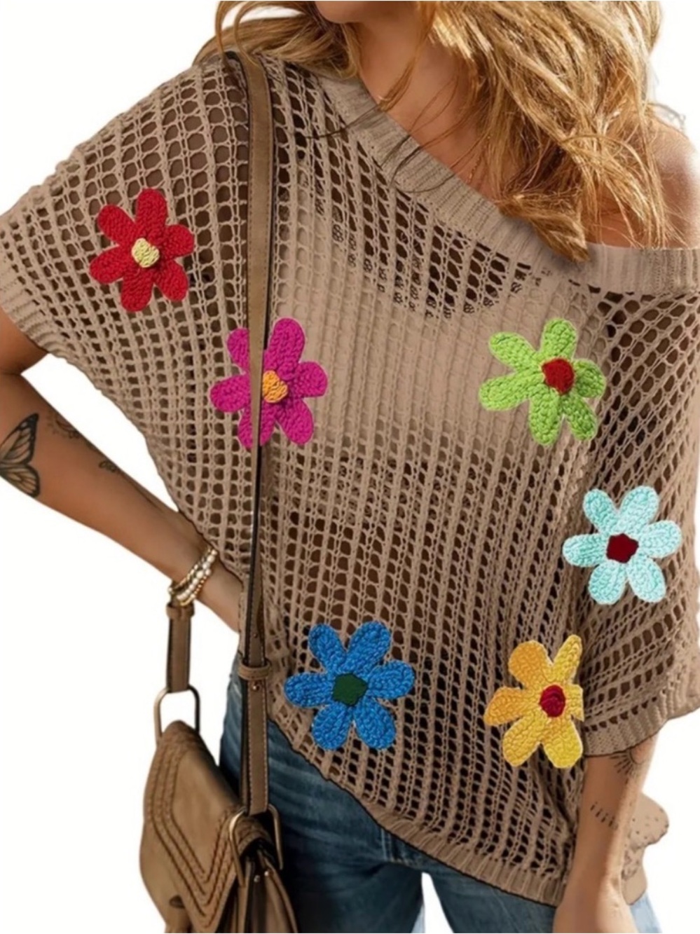 Women’s Beige Crochet Flower Knit Top - Casual Off-Shoulder
